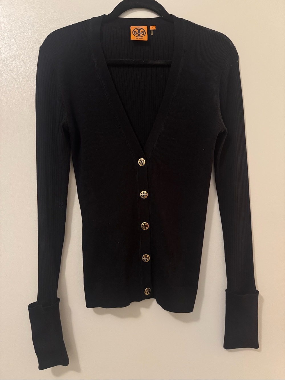 Tory Burch Black Ribbed V-Neck Button-Up Cardigan